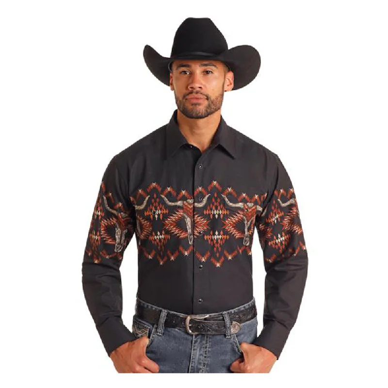 Men's Logo T-Shirts for Brand RepresentationSMN2S06048 Panhandle Men's Skull Aztec Long Sleeve Border Shirt - Black