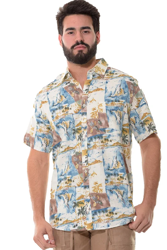 Men's Color-Blocking Shirts for a Statement LookBohio Men's Linen Tropical Print Casual Short Sleeve Shirt w/Pocket in Ivory _MLSP1198