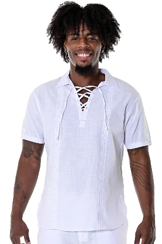 Men's Wrinkle-Free Shirts for Easy CareBohio Mens White Cotton Casual Beach Summer Drawstring Collar Short Sleeve Shirt in Color Gray - MCS1078