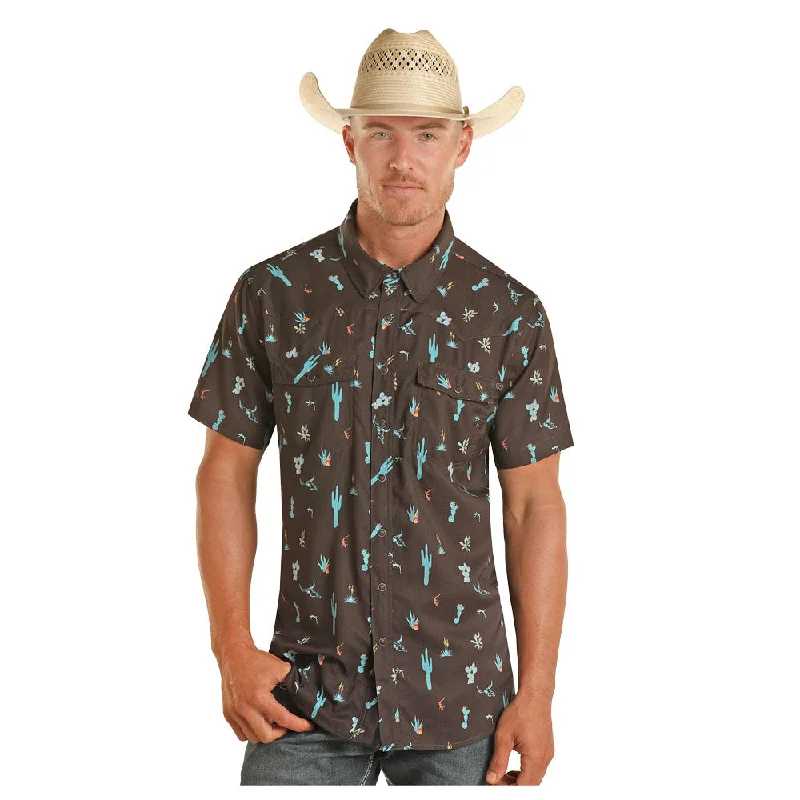 Men's Bamboo Fiber Shirts for Softness and BreathabilityBMN3S04221 Rock & Roll Men's Short Sleeve TekWestern Snap Shirt - Black Cactus Print