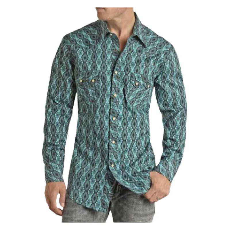 Men's Relaxed-Fit Shirts for Casual ComfortVMN2S02532 Panhandle Men's Long Sleeve Aztec Vintage Shirt - Turquoise