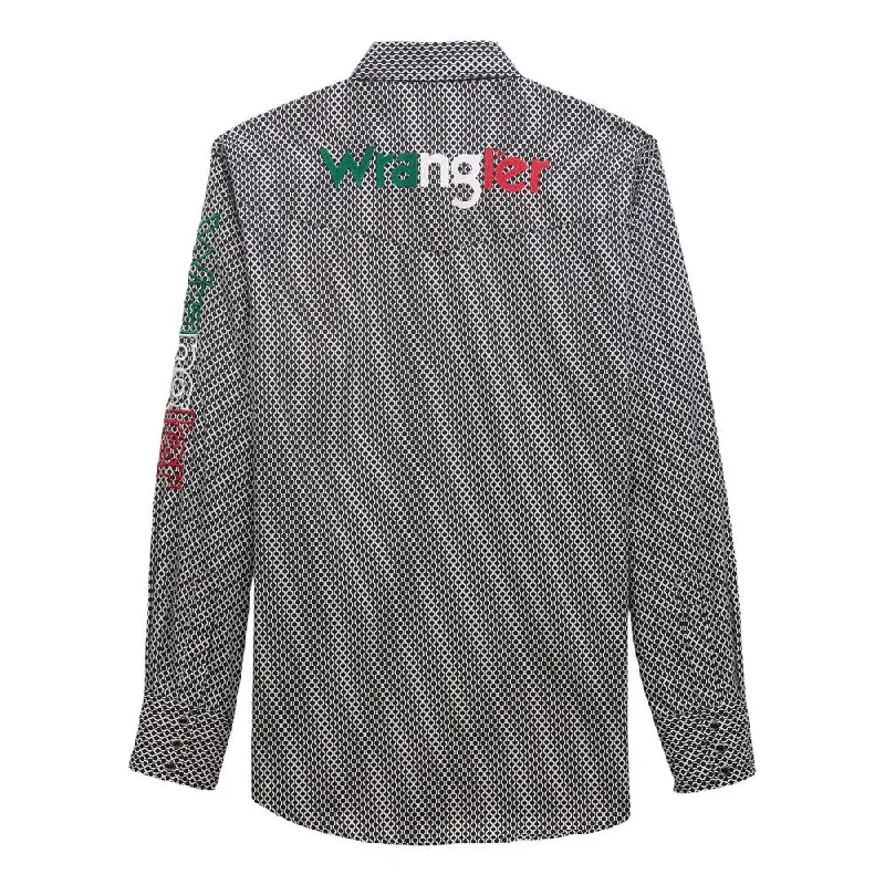 Men's Bold-Color Shirts for a Statement Piece112355381 Wrangler Men's Mexico  Logo Long Sleeve Western Snap Shirt - Black & White