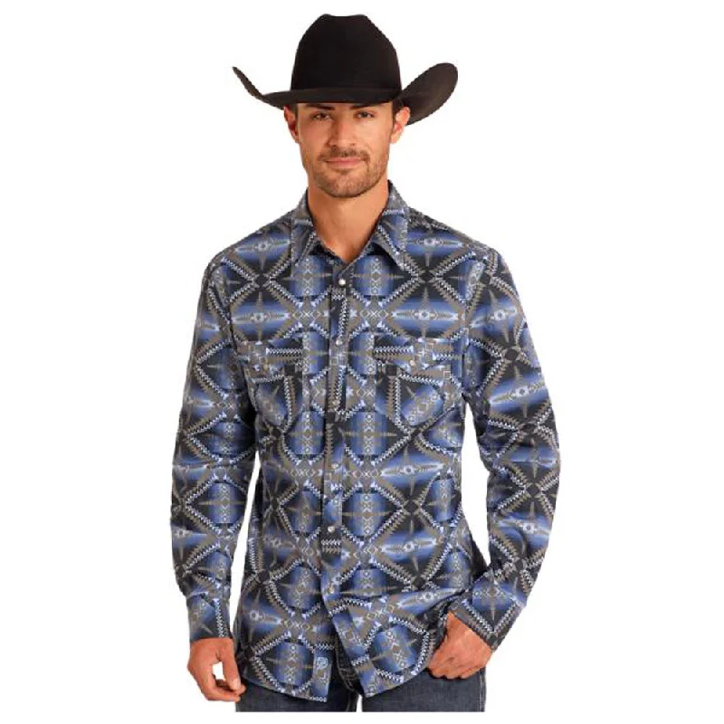 Men's Plaid Shirts for a Country CharmBMN2S04712 Rock & Roll Men's Long Sleeve Snap Shirt - Blue Print