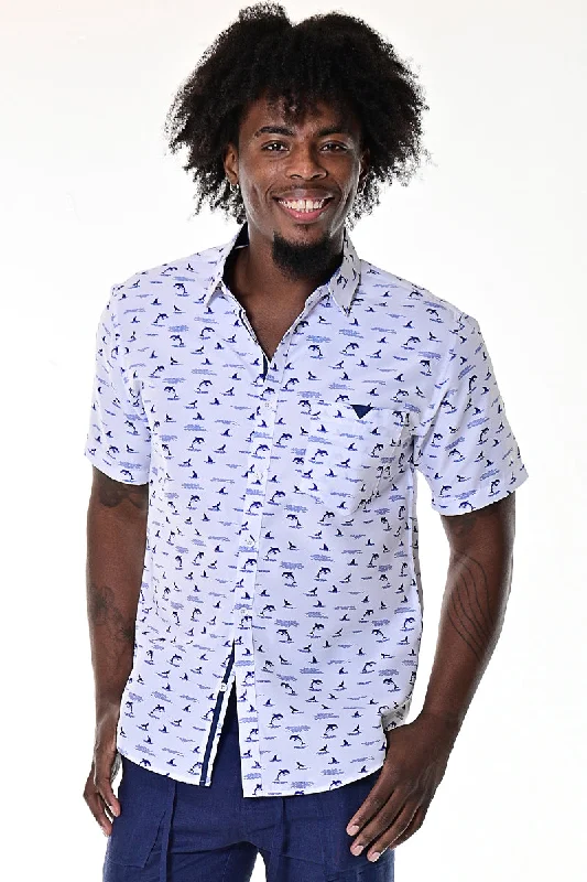 Men's Insulated Shirts for Cold WeatherMen's Short Sleeve Shirt for Men w/Dolphin Design Print - White/Navy