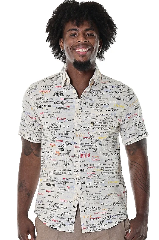 Men's Limited Edition Shirts for ExclusivityBohio Men's Linen Short Sleeve Button-Down Shirt Cocktails & Drinks Print in Ivory-MLSP923