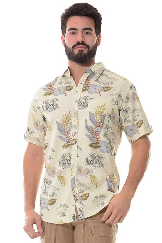 Men's Bold-Color Shirts for a Statement PieceBohio Men's Short Sleeve Tropical Hibiscus Print Linen Shirt w/Pocket-MLSP1189