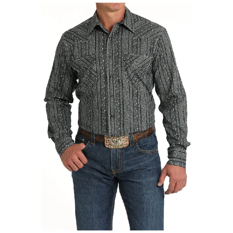 Men's Insulated Shirts for Cold WeatherMTW1301076 Cinch Men's Modern FIt Long Sleeve Western Snap Shirt - Black & Blue Stripe Print