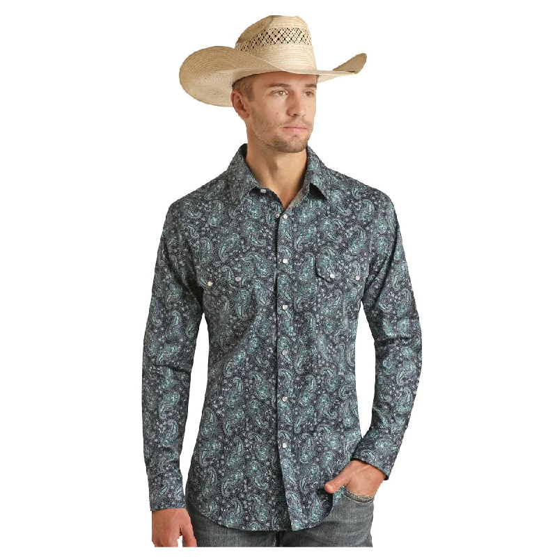 Men's Organic Cotton Shirts for Eco-ConsciousnessBMN2S03924 Rock & Roll Men's Long Sleeve Paisley Western Snap Shirts - Blue Paisley