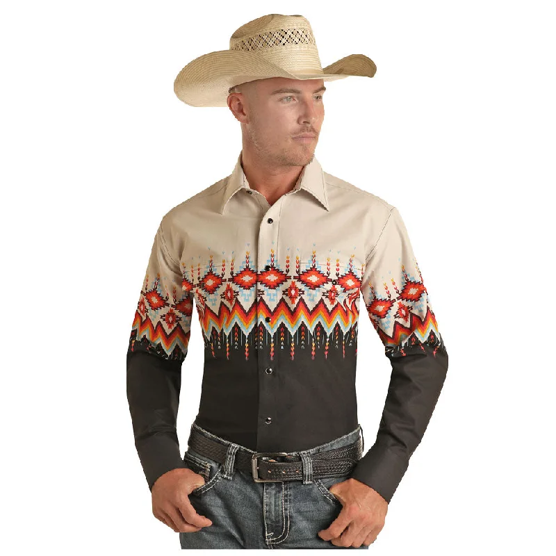 Men's Custom-Fit Shirts for a Personalized LookSMN2S03219 Panhandle Men's Border Print Western Snap Shirt - Black & Cream