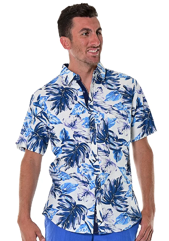 Men's Affordable Shirts for Budget-Friendly StyleBohio Men's Short Sleeve Linen Shirt w/Pocket Tropical Palms in White/Blue-MLSP486