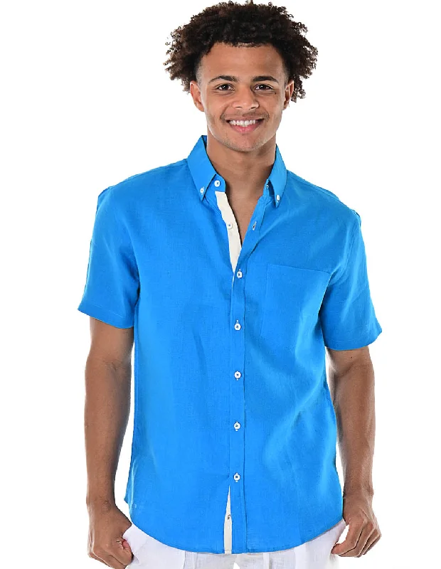 Men's Machine-Washable Shirts for ConvenienceBohio Men's 100% Linen Short Sleeve Shirt w/Pocket & Contrast Buttons in (2) Colors-MLS1554