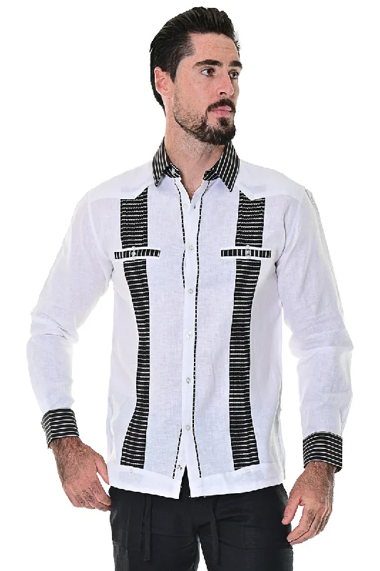 Men's Patterned Dress Shirts for a Unique TwistBohio Men's 100% Linen Guayabera Inspired Long Sleeve Fancy Shirt w/Striped Pin-Tucked Panels in (3) Colors MLG1418