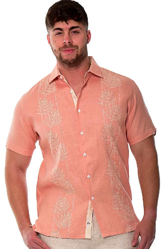 Men's Collared Shirts for Formal OccasionsBohio Men's 100% Linen Short Sleeve Shirt w/Tropical Leaf Print in (3) Colors-MLS2041