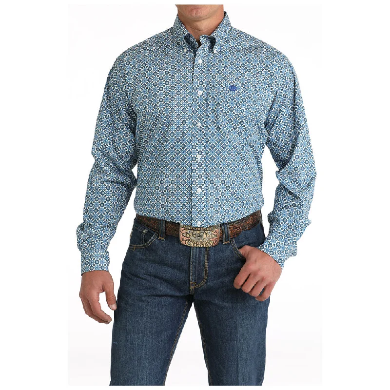 Men's Thermal Shirts for Winter WarmthMTW1105794 Cinch Men's Long Sleeve Button Down Western Shirt - White & Blue Print