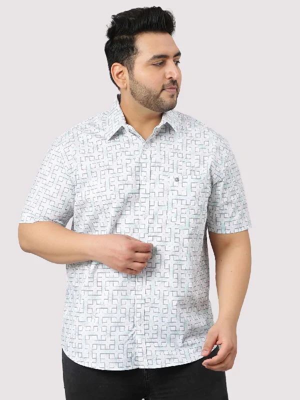 Casual Men's Button-Down ShirtsWhite Grey Connecting Checks Half Sleeve Shirt Men's Plus Size