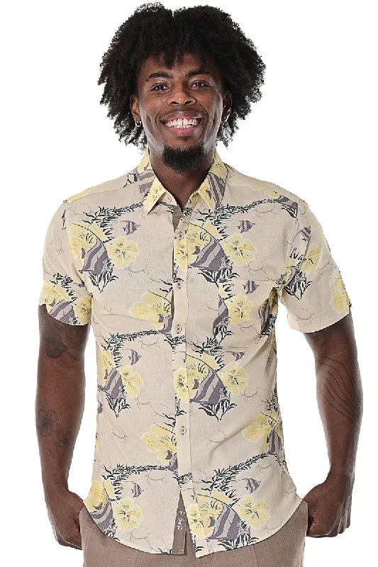 Men's Luxury Shirts for High-End FashionBohio Men's Linen Button-Down Shirt w/Pocket Tropical Angel Fish Hibiscus Print Beige-MLSP1694