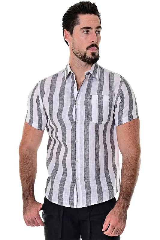 Men's Logo T-Shirts for Brand RepresentationBohio Men's 100% Linen Striped Short Sleeve Button Down (1) Pocket Shirt -MLS1693