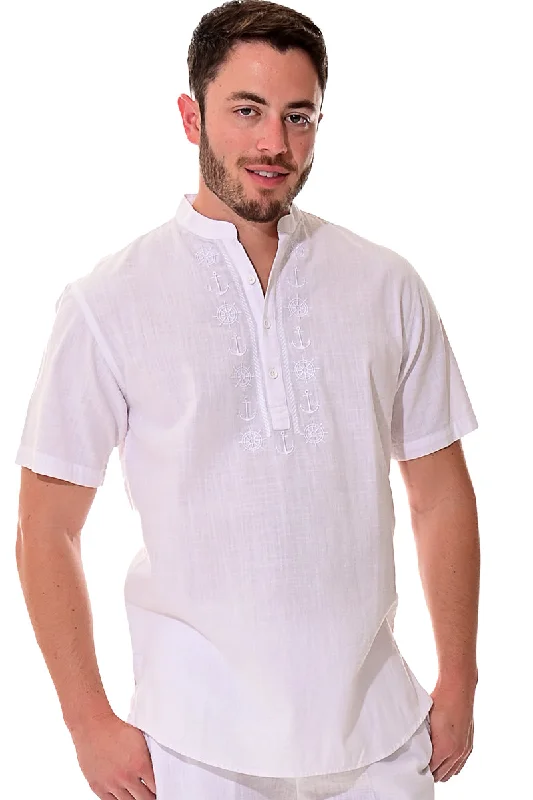 Men's Stain-Resistant Shirts for Mess-Free WearBohio Mens White Cotton Casual Embroidered Banded Collar Short Sleeve Shirt in Natural- MCS1077