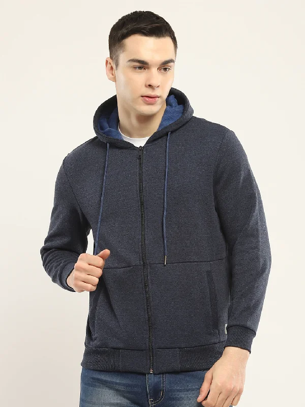 Men's Collared Shirts for Formal OccasionsMen Navy Blue Solid Hooded Full Sleeve Sweatshirt