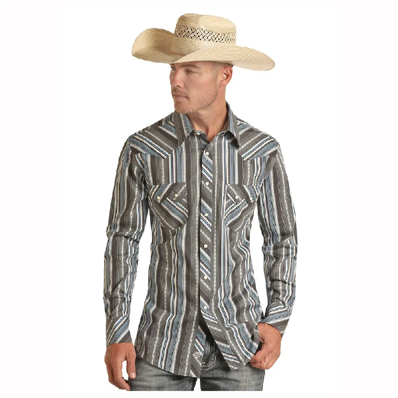 Men's Iron-Free Shirts for Wrinkle-Resistant WearBMN2S03345 Rock & Roll Men's Long Sleeve Stripe Western Snap Shirts - Blue Grey