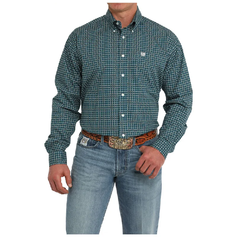 Men's Checked Short-Sleeve Shirts for Summer FunMTW1105866 Cinch Men's Long Sleeve Button Down Western Shirt - Teal Print