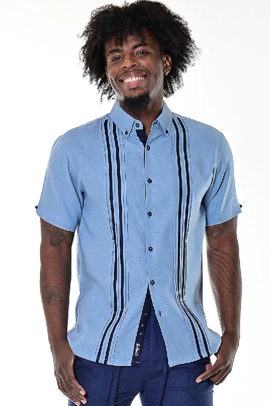 Men's Solid-Color Block Shirts for a Bold StatementShort Sleeve Guayabera Style Shirt for Men Linen w/Contrast Pleated Panels