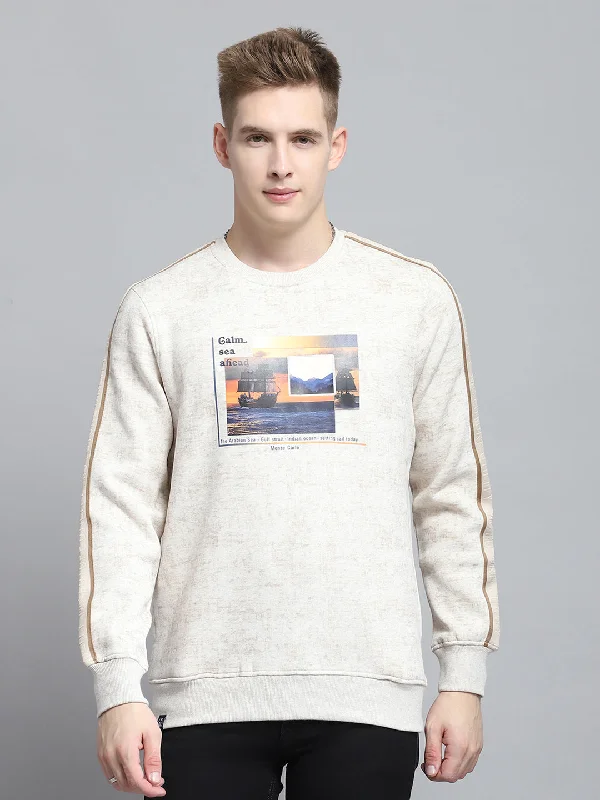 Stylish Men's Graphic T-ShirtsMen Beige Printed Round Neck Full Sleeve Sweatshirt