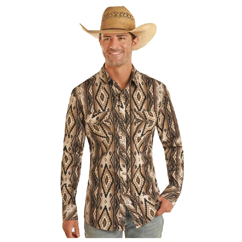 Men's Easy-Care Shirts for Busy LifestylesBMN2S03939 Rock & Roll Men's Long Sleeve Aztec Print Snap Shirts - Black & Tan