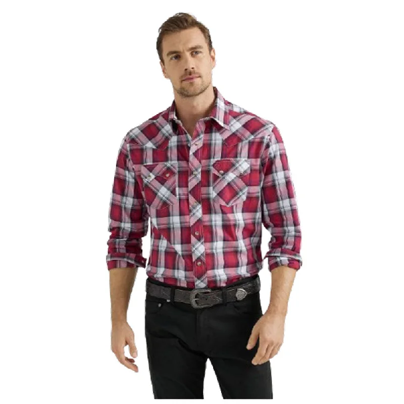 Men's Patterned Button-Down Shirts for Added Interest112355380 Wrangler Men's Retro® Modern Fit Long Sleeve Western Snap Shirt - Burgundy Plaid