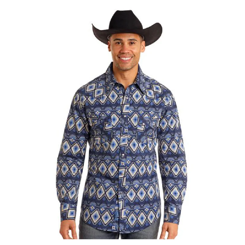 Layered Men's Henley ShirtsBMN2S05488 Rock & Roll Men's Long Sleeve Southwest Print Snap Shirt - Blue