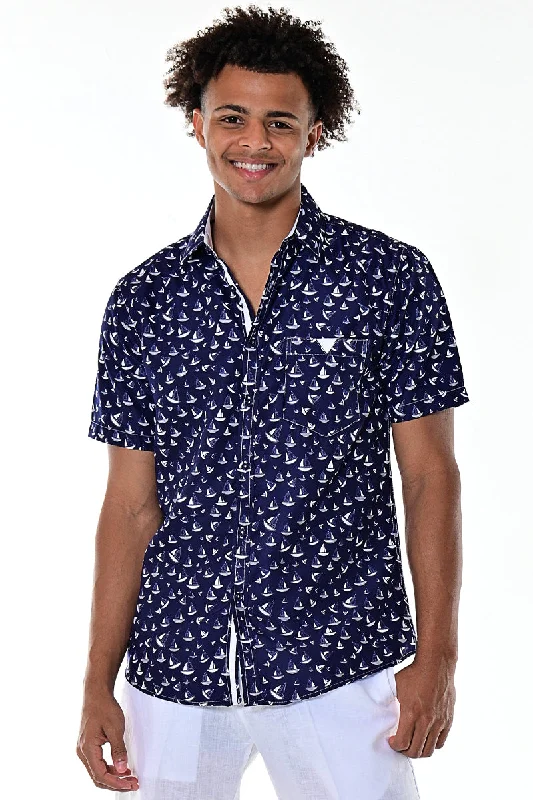 Men's Smart Casual Shirts for Business Casual SettingsBohio Men's Nautical Sailboat Print Short Sleeve Camp Shirt - Navy- MCS1625