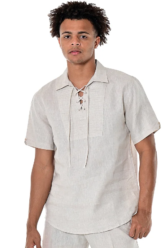 Men's Iron-Free Shirts for Wrinkle-Resistant WearBohio Men's Lace Up 100% Linen Short Sleeve Fashion Shirt -MLS1282