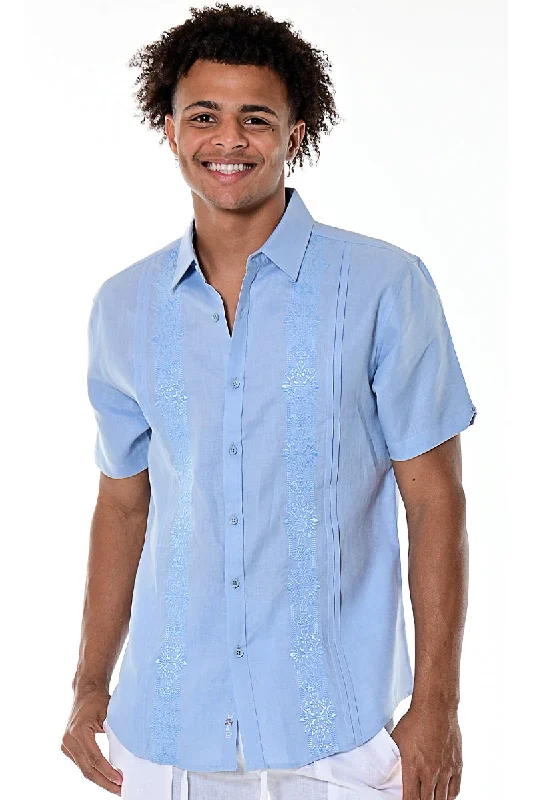 Men's Geometric Print Shirts for a Modern TwistBohio Men's Guayabera Style Short Sleeve 100% Linen Shirt w/Fancy Embroidered Panels-MLS700