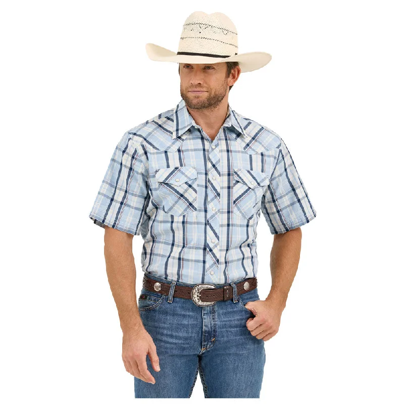 Men's Cowboy Shirts for Western Style112359572 Wrangler 20X Competition Advanced Comfort Short Sleeve Classic Fit Snap Shirt - Blue/White