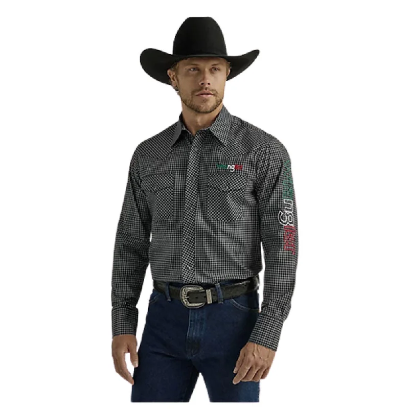 Men's Weekend Shirts for Leisurely Outings112330376 Wrangler Men's Long Sleeve Logo Western Snap Shirt  - Black Mexico Wrangler Logo