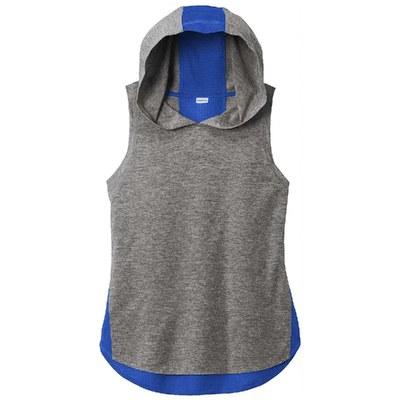 Sport-Tek Women's True Royal/Dark Grey Heather PosiCharge Tri-Blend Wicking Draft Hoodie Tank