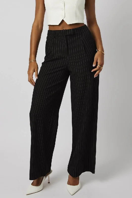 Black Stripe Wide Leg Pants High Rise