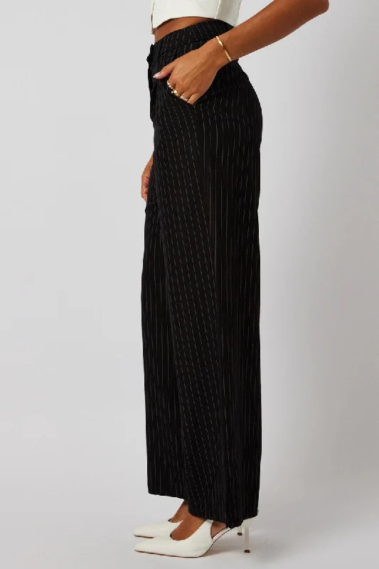 Black Stripe Wide Leg Pants High Rise