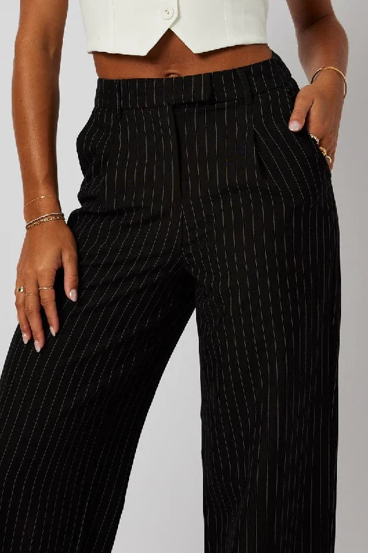 Black Stripe Wide Leg Pants High Rise