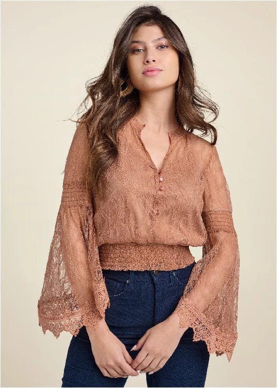 Lace bell sleeve top - Camel