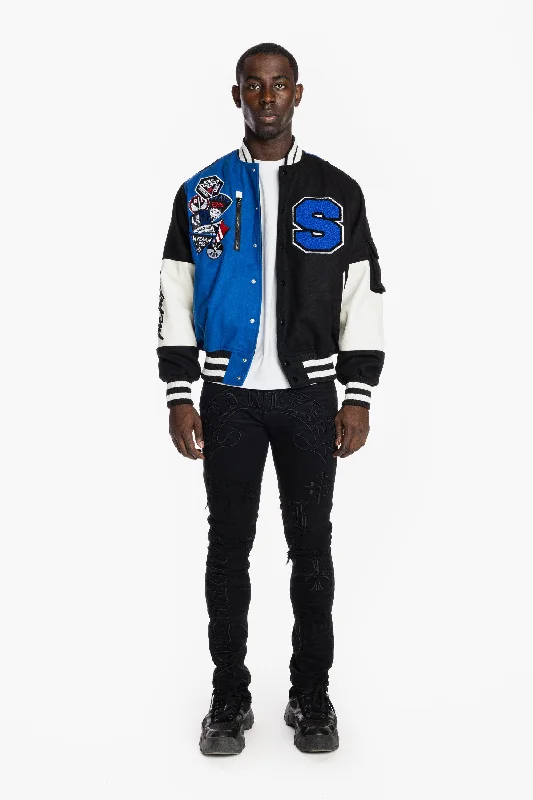 Color Block Fashion Varsity Jacket - Royal Blue