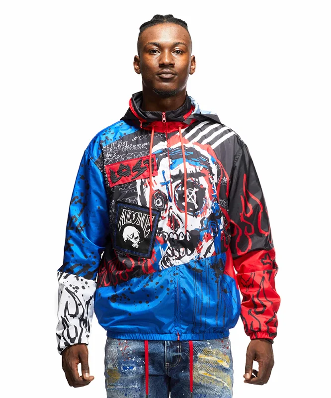 Skull & Flame Graphic Windbreaker Jacket - Red/Royal