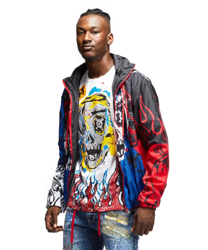 Skull & Flame Graphic Windbreaker Jacket - Red/Royal