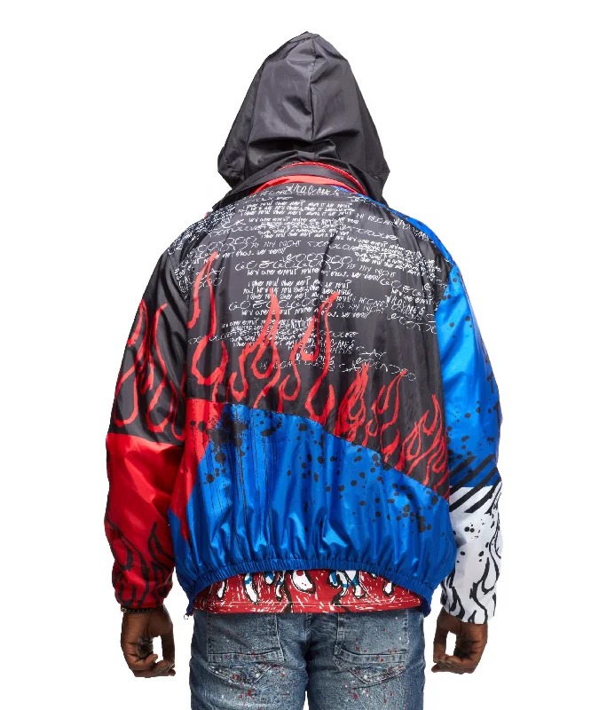 Skull & Flame Graphic Windbreaker Jacket - Red/Royal