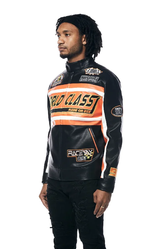 Vegan Leather Racing Jacket - Orange