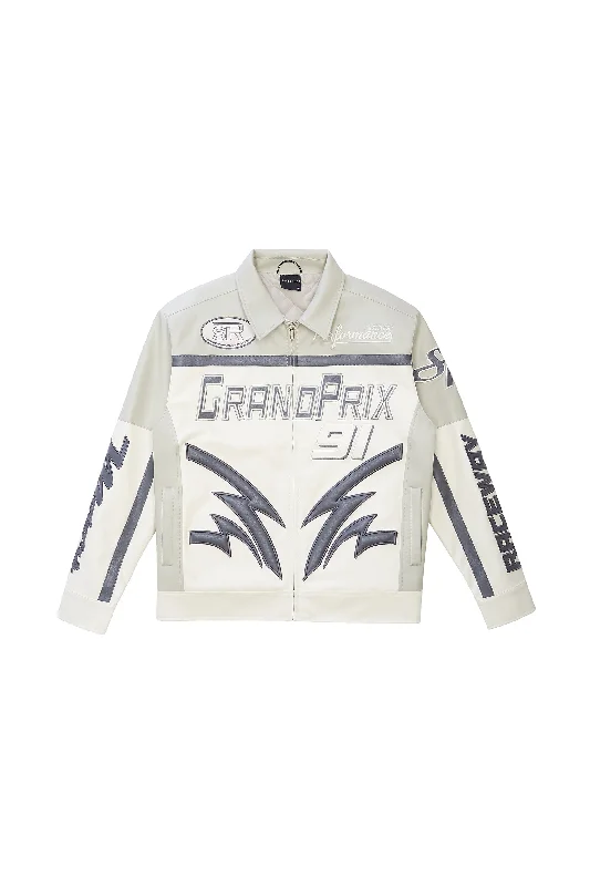 Vegan Leather Racing Jacket - Light Grey