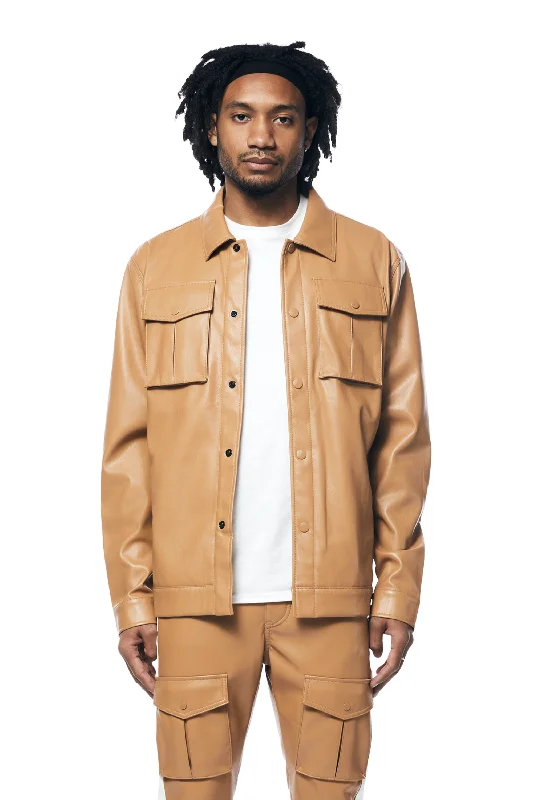 Vegan Leather Striped Overshirt - Tan