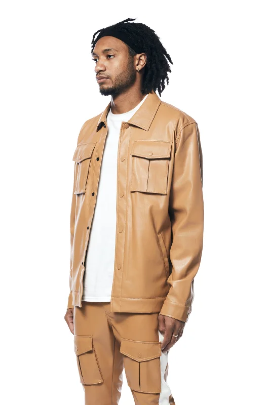 Vegan Leather Striped Overshirt - Tan