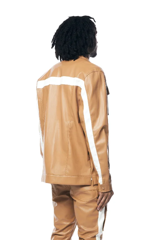 Vegan Leather Striped Overshirt - Tan