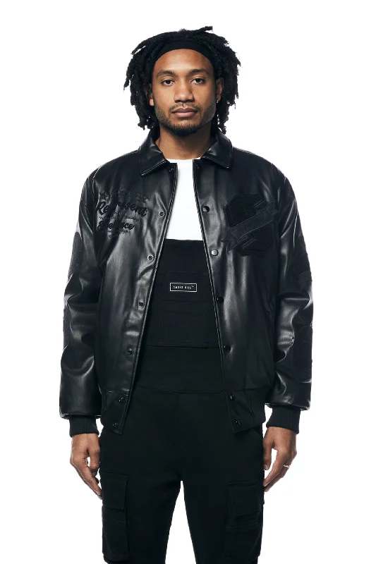 Vegan Leather Varsity Jacket - Black